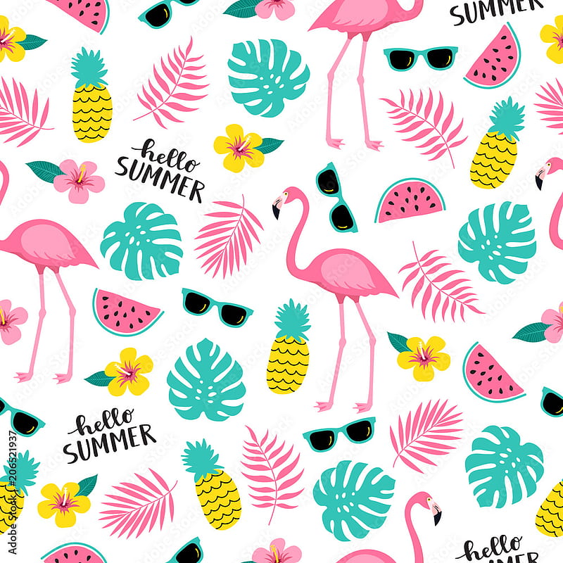 Summer seamless cute colorful pattern with flamingo, pineapple ...