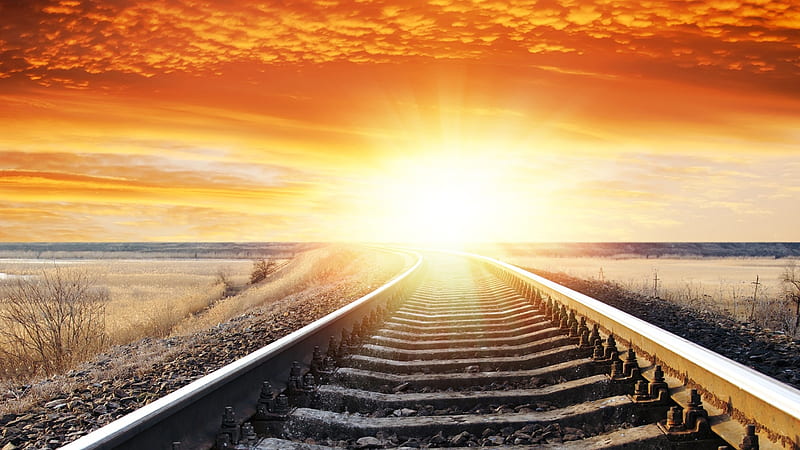 Into the West, railroad, sunrise, sunset, sky, rails, train tack, Firefox Persona theme, HD wallpaper