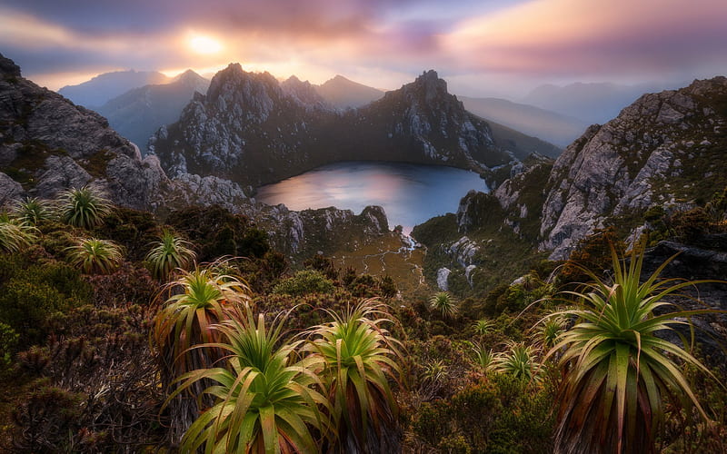 Lake Oberon, mountain lake, sunset, evening, mountain landscape, rocks, Tasmania, Australia, HD wallpaper