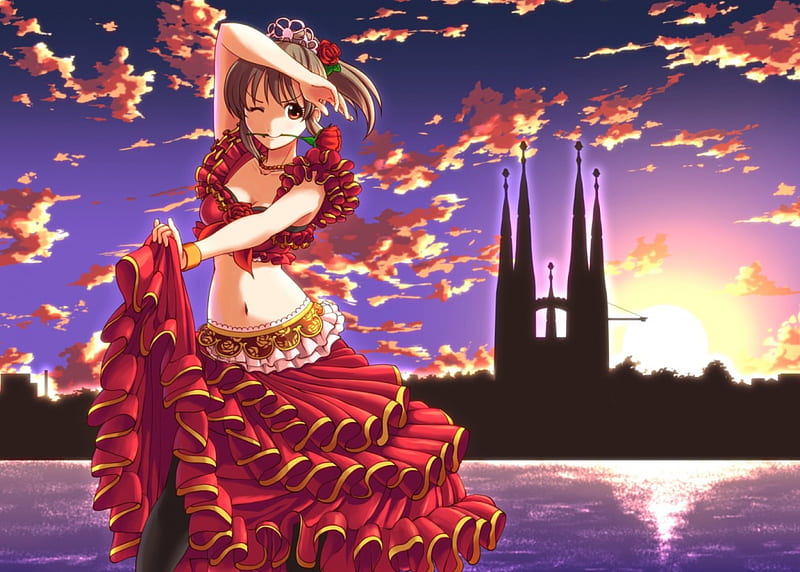 Dancer, house, dancing, floral, anime, tower, beauty, anime girl, sunrise, ocean, gown, sky, sexy, building, cute, water, dance, maiden, scenic, dress, divine, rose, bonito, elegant, sea, hot, snset, scenery, gorgeous, night, female, cloud, tango, view, girl, flower, scene, HD wallpaper