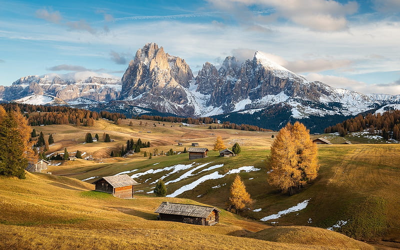 Dolomites, Italy, Italy, mountains, Alps, barns, Dolomites, autumn, HD wallpaper