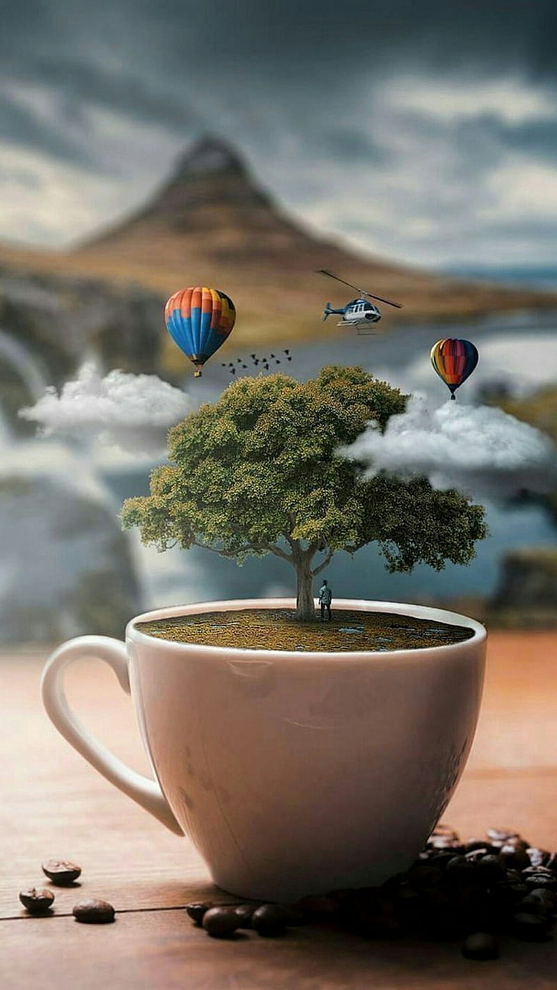 coffee, mug, hot balloon, tree, HD phone wallpaper