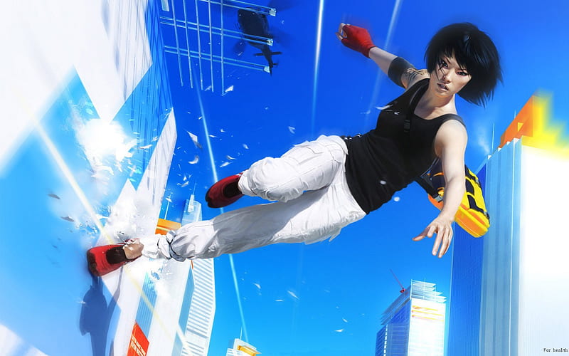 Faith Conners, games, action, cg, bag, video games, city, realistic, black hair, female, mirrors edge, helicopter, buildings, sky, skyscrapers, singlet, girl, faith, HD wallpaper