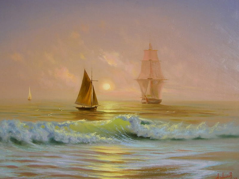 Sunrise, art, artwork, sea, wave, sail, boat, crimea, ship, beauty, HD wallpaper