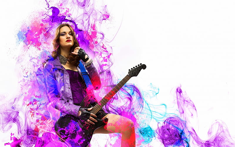 Let's rock!, music, woman, instrument, girl, purple, smoke, white, pink, blue, HD wallpaper