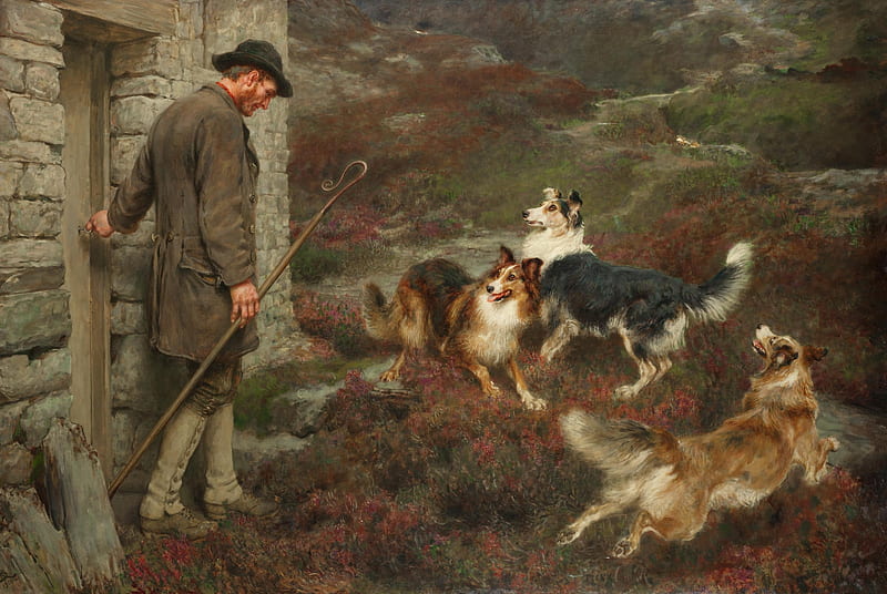 :), art, collie, painting, caine, briton riviere, man, pictura, dog, HD wallpaper