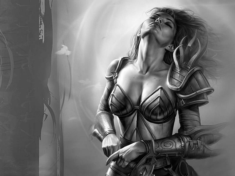 Warrior Girl, games, female, neverwinter nights, black and white, video games, fantasy, warrior, girl, grey background, lone, armour, HD wallpaper