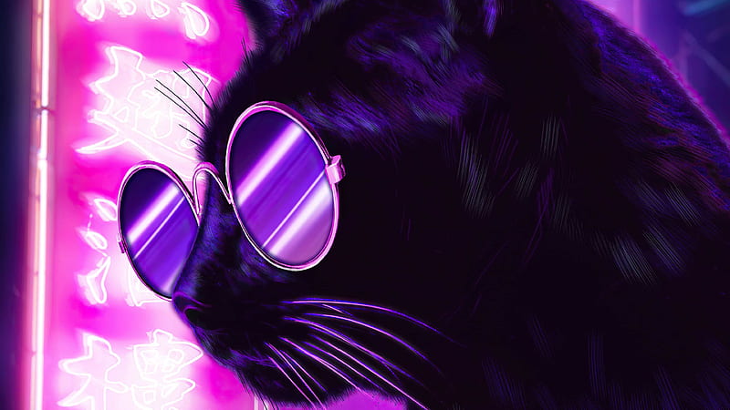 Neon Cat With Glasses Pink Lights Background Purple, HD wallpaper