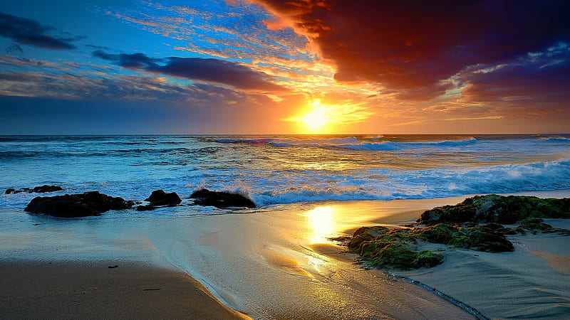 Sunset Ocean Beauty, oean, waves, sunset, sky, clouds, rocks, sea, beach, sand, beauty, nature, HD wallpaper