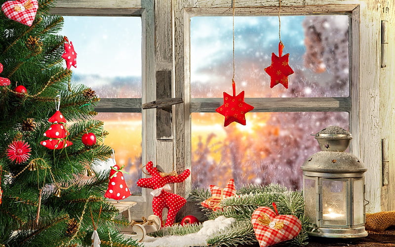 window, new year, tree, lantern, HD wallpaper
