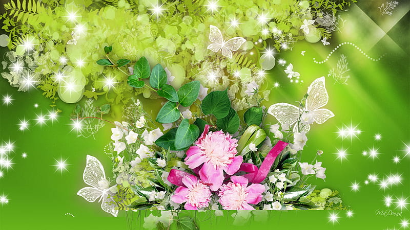 Envious of Green, stars, firefox persona, butterflies, sparkles, leaves, chrysanthimums, bright, flowers, pink, HD wallpaper