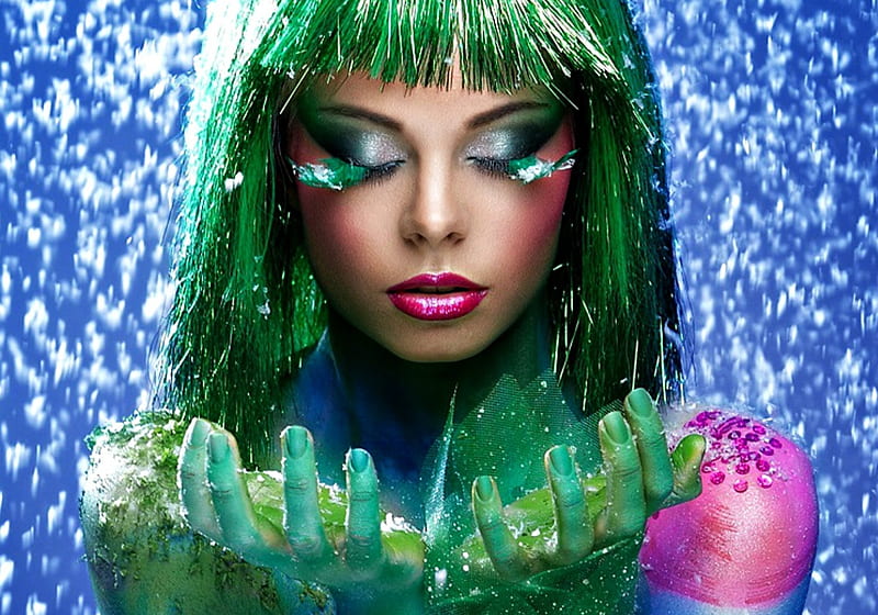 Kristina Makeich, model, glitter, woman, make-up, girl, green, pink, andrey kudryashow, blue, HD wallpaper
