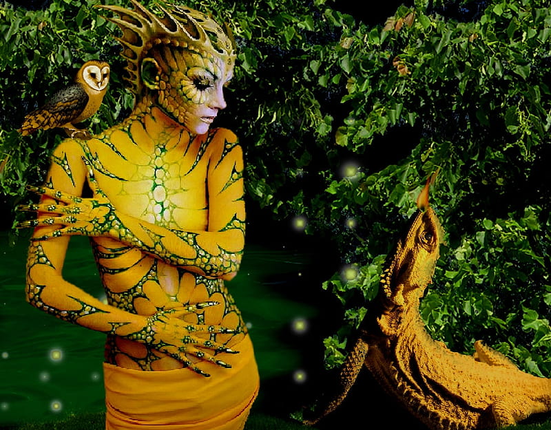 Golden Lizard Girl, artistic, yellow, woman, fantasy, lizard, gold, green, feminine, golden lizard, owl, female, golden, black, trees, creative, pond, girl, HD wallpaper