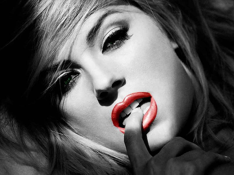 hot,lady,black-white, red lips,hair, hair, black-white, hot, lips, lady, HD wallpaper