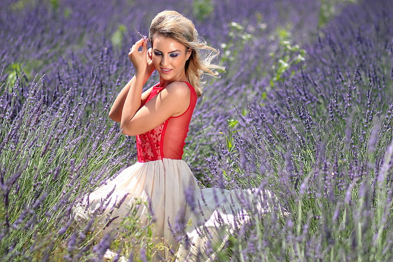 Blonde Girl Red Dress Lavender Field , blonde, girls, model, HD wallpaper