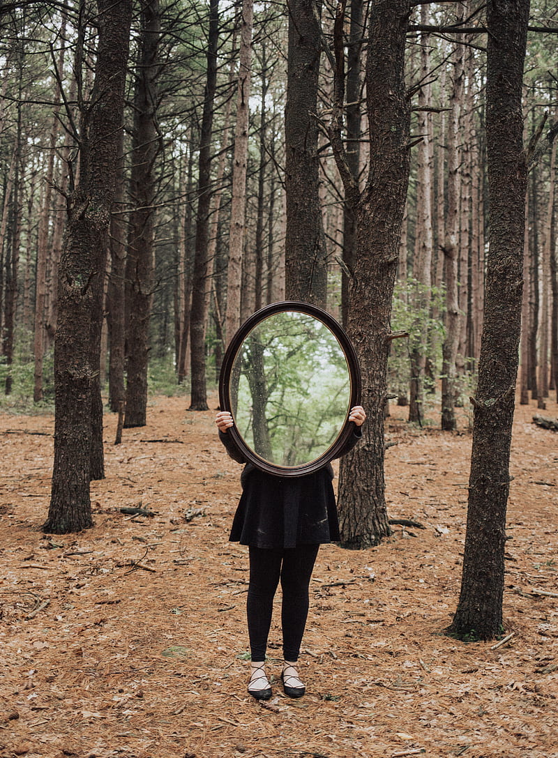 person holding oval black wooden framed mirror in the woods, HD phone wallpaper
