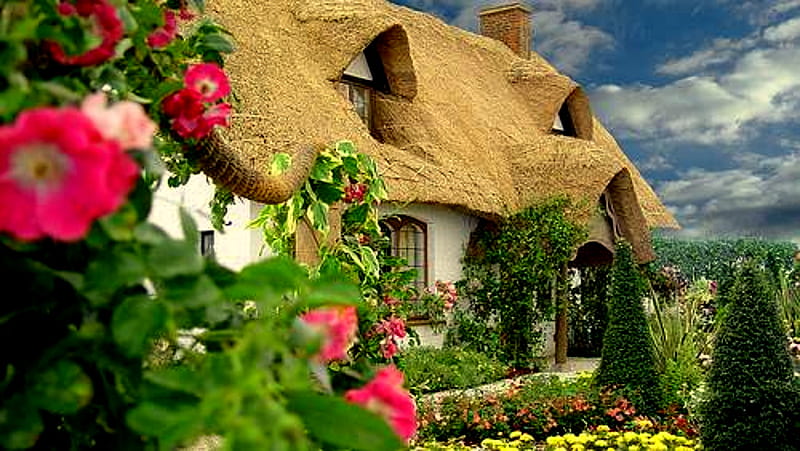 Cottage Garden, cottage, flowers, garden, thatched roof, trees, clouds, shrubs, HD wallpaper