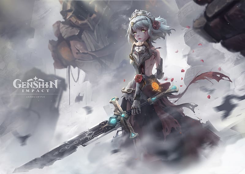 Sword, Green Eyes, Video Game, Grey Hair, Genshin Impact, Noelle (Genshin Impact), HD wallpaper