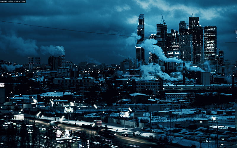 Industrial landscape, city, soot, plants, smoke, skyscrapers, HD wallpaper