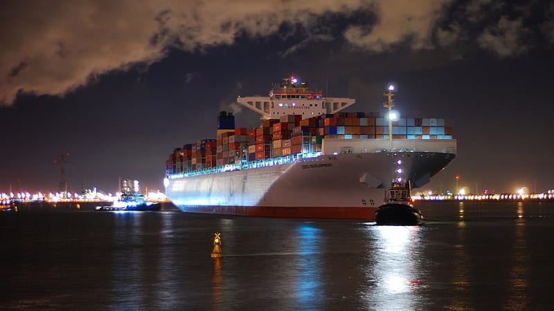 container ship docking at night, containers, ship, tugs, clouds, lights, harbor, night, HD wallpaper