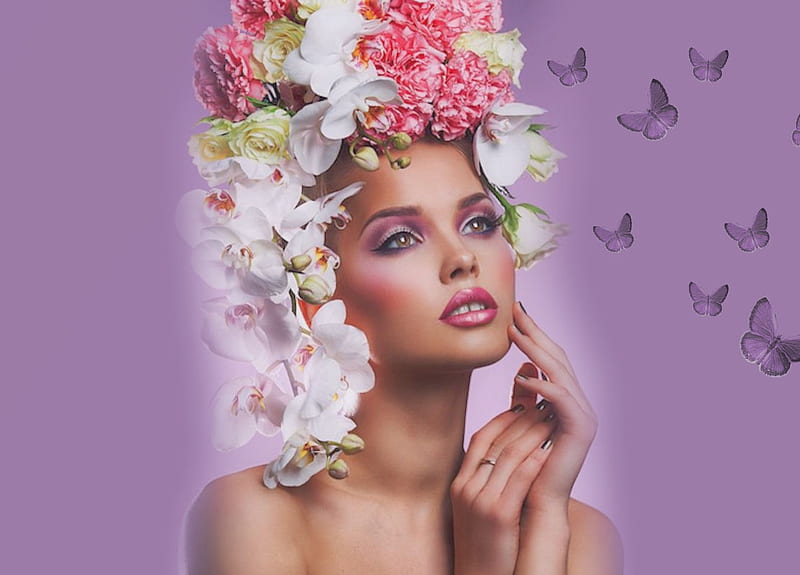 Ethereal Floral Waterfall, pretty, stunning, lovely, breathtaking, butterflies, women are special, bonito, lips nails eyes hair art, delicate, etheral women, headdress, flowers, female trendsetters, gorgeous, HD wallpaper