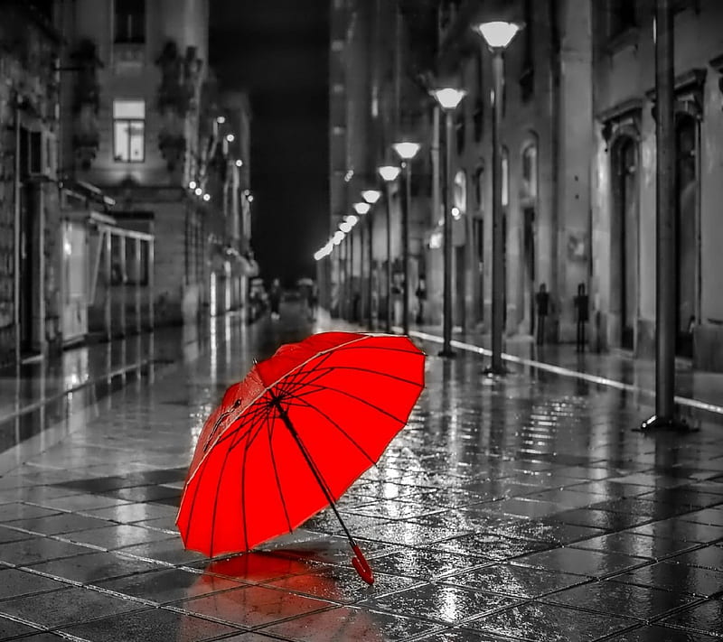 Red Umbrella, city, rainy day, place, red and black, two colors, HD wallpaper