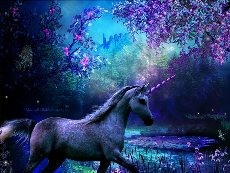 Mystic Unicorn, horse, mountain, pond, digital, flowers, blossoms, twilight, HD wallpaper