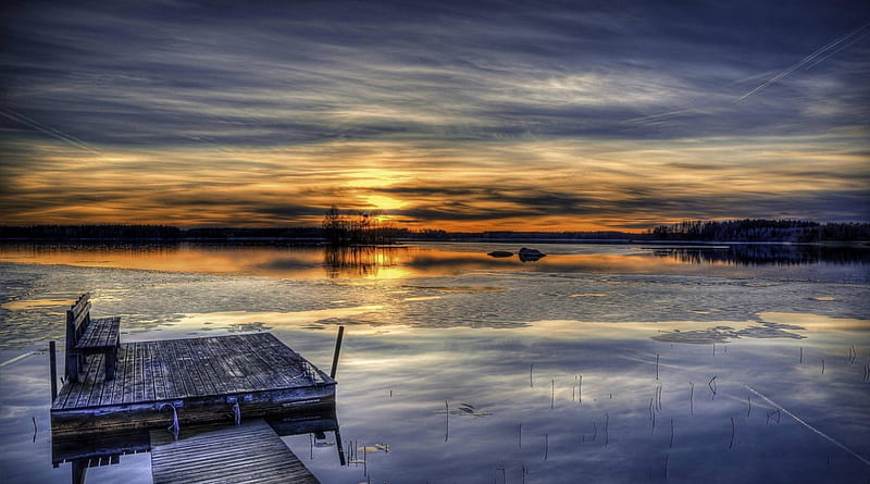 floating raft on a frozen lake at sunset r, pier, bench, r, sunset, frozen, lake, raft, HD wallpaper