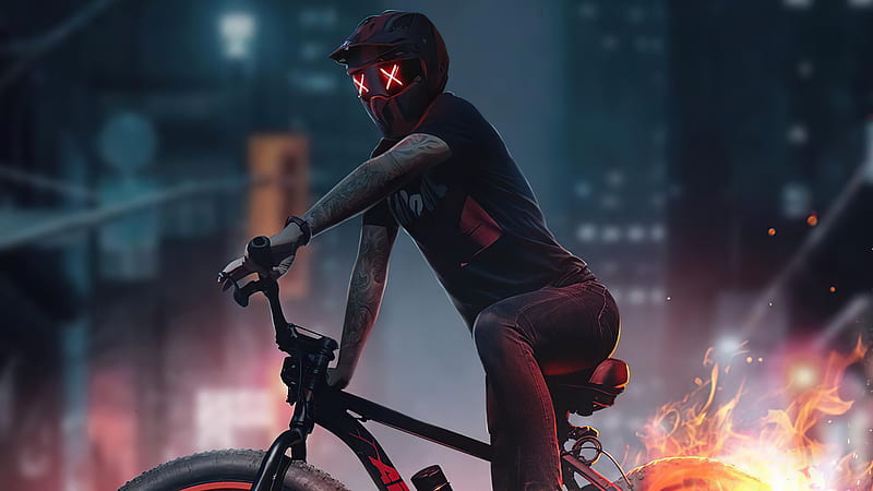 Bicycle Rider Fire Burnout , bicycle, artist, artwork, digital-art, helmet, burnout, HD wallpaper