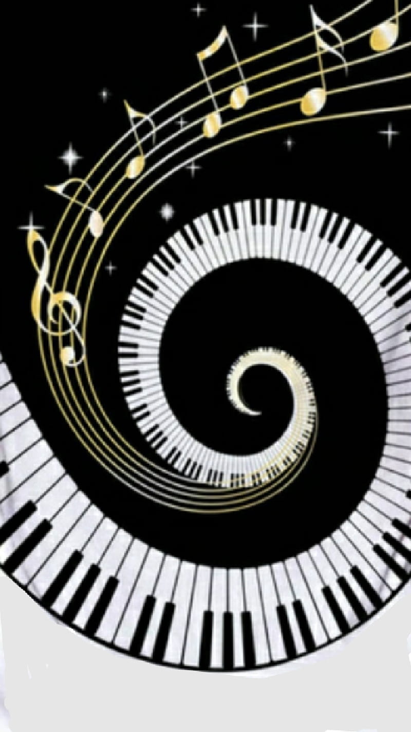 Musically, black, gold, keys, music, notes, piano, spiral, tunes, HD phone wallpaper