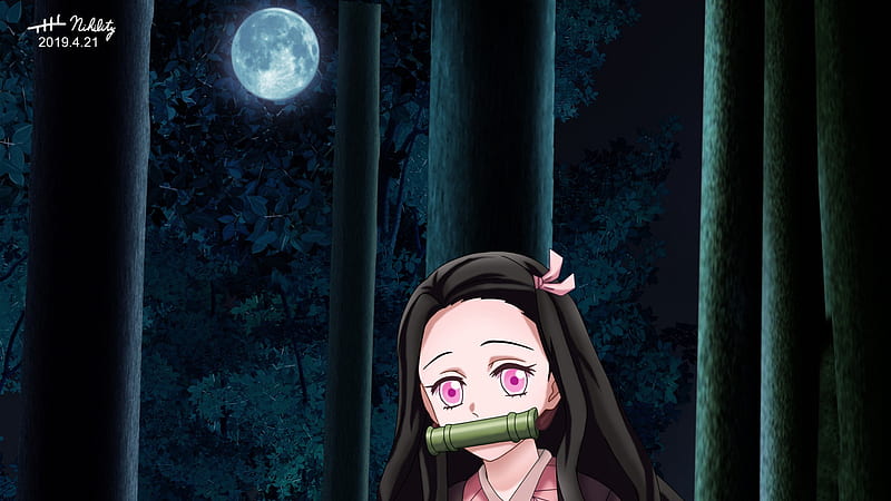 Demon Slayer Nezuko Kamado Sitting At Night With Background Of Long Trees And Moon Anime, HD wallpaper