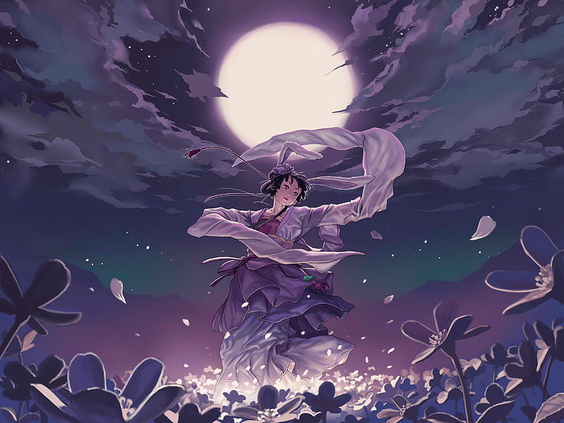 Watashi Usagi no Ichigo Desu, music, moumoon, sky, dancing, kimono, clouds, usagimimi, moon, mountains, anime, geister, flowers, petals, field, night, HD wallpaper
