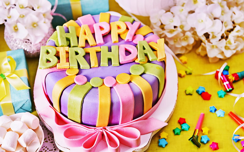 Happy Birtay multicolored birtay cake, congratulation, background for cards, sweets, cakes, HD wallpaper