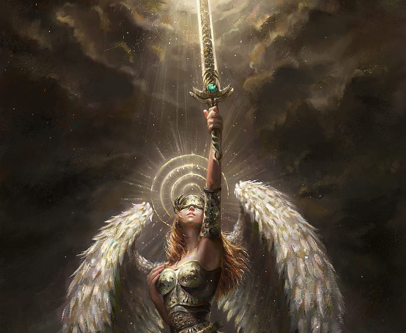 Angel of Hope, art, hope, fantasy, wings, luminos, angel, sanjin halimic, sword, HD wallpaper