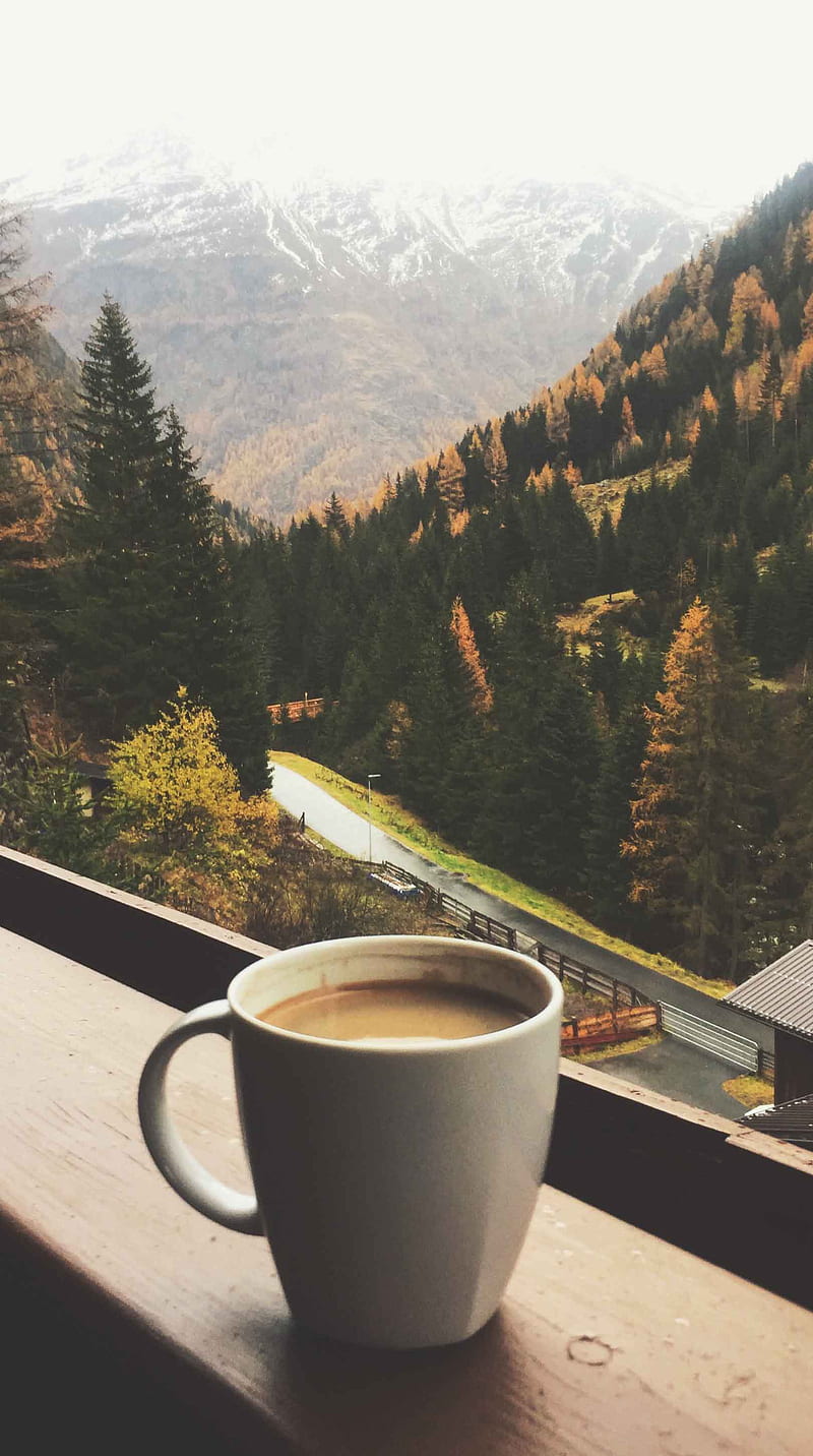 Lovely Mountain Coffee, autumn, landscape, morning, mountains, nature, snow, trees, warmth, HD phone wallpaper
