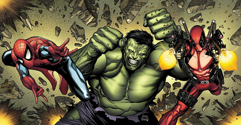Deadpool Hulk Spiderman Art, deadpool, hulk, spiderman, artwork, digital-art, superheroes, HD wallpaper