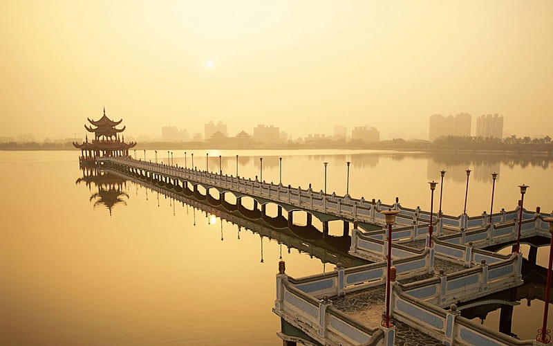 Lotus Lake, taiwan, city, oriental, sunset, lake, landscape, HD wallpaper