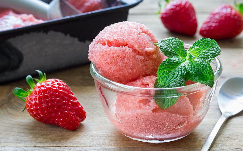 strawberry ice cream, sweets, ice cream berries, strawberry, mint, HD wallpaper