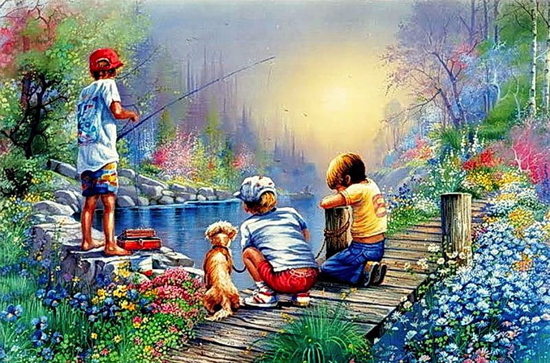 Fishing Time, boys, pier, painting, flowers, river, sunset, artwork, dog, HD wallpaper