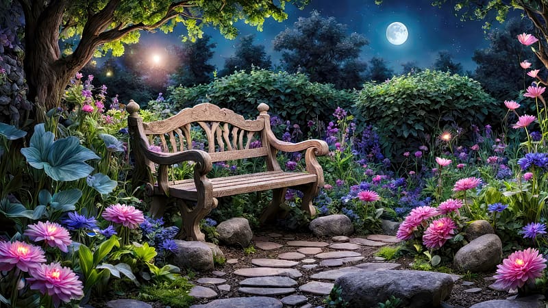 Rest under the moonlight, moonlight, rest, flowers, garden, bench, eden, park, quiet, heaven, magic, summer, evening, springtime, night, spring, magical, fairytale, paradise, enchanted, moon, beautiful, shrubs, freshness, HD wallpaper