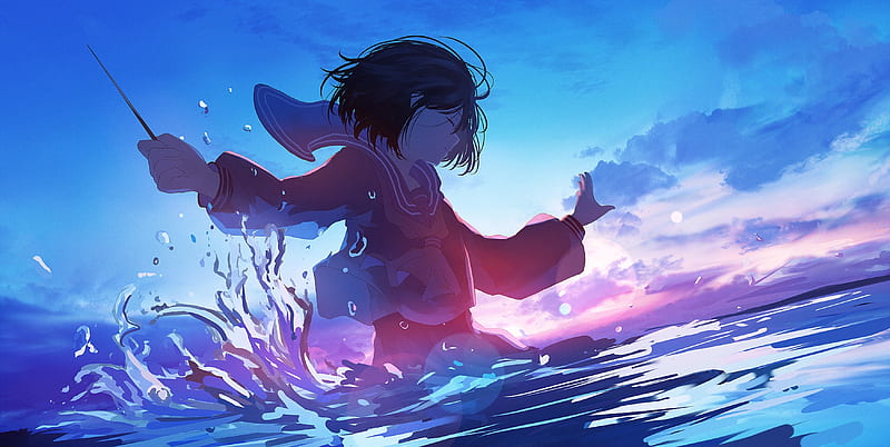 Anime Girl Ocean Swimming Closed Eyes Water Splash Sunset Bokeh Anime Hd Wallpaper Peakpx