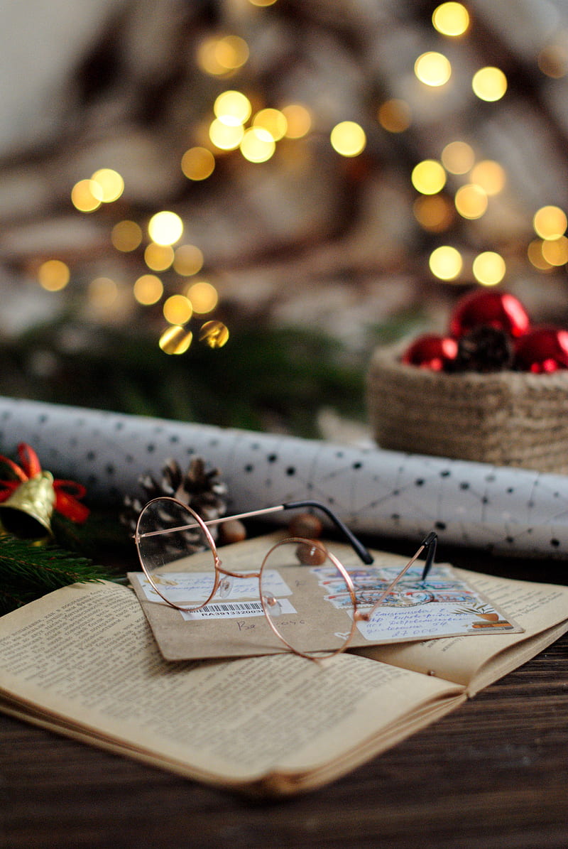 glasses, book, envelope, decoration, new year, christmas, HD phone wallpaper