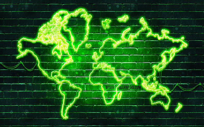 Green neon World Map green brickwall, World Map Concept, Green World Map, World Maps, HD wallpaper