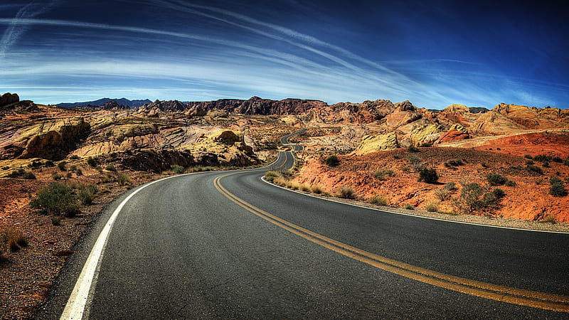 Desert Road, two lane, rock, colors, sky, clouds, highway, formations, deserts, nature, blue, HD wallpaper