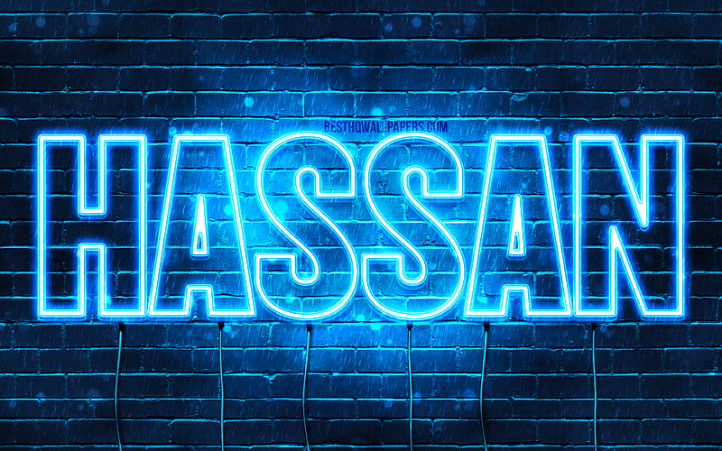 Hassan with names, horizontal text, Hassan name, Happy Birtay Hassan, blue neon lights, with Hassan name, HD wallpaper
