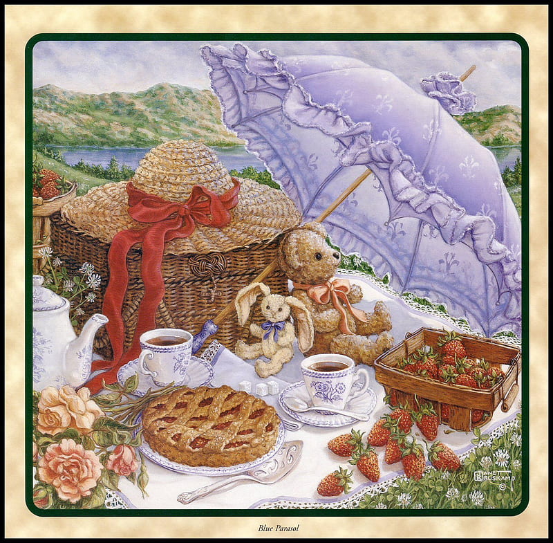 A Picnic With My Friends, baskets, teddybears, blanket, tea, hat, teapot, saucers, flowers, strawberries, pie, parasol, cups, HD wallpaper