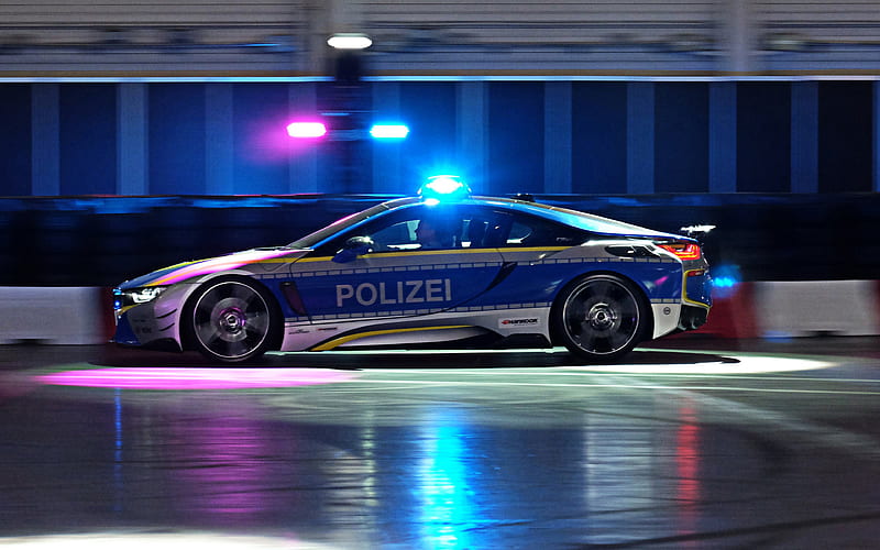BMW i8, 2018, police car, blue lights, German police, police electric car i8, sports electric cars, BMW, HD wallpaper