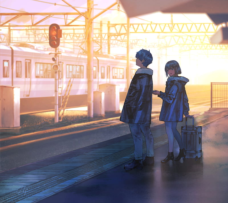Anime, Original, Boy, Couple, Girl, Sunset, Train Station, HD wallpaper
