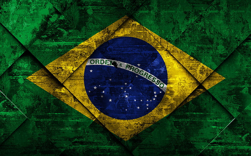 Flag of Brazil grunge art, rhombus grunge texture, Brazilian flag, South America, national symbols, Brazil, creative art, HD wallpaper