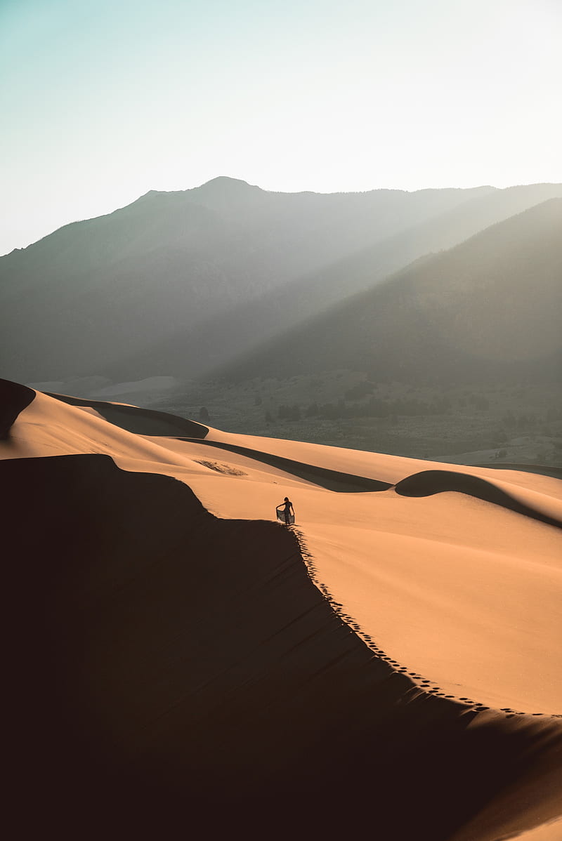 desert, sand, dune, man, traces, HD phone wallpaper